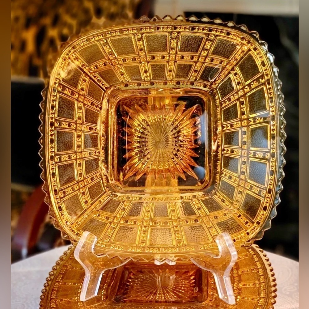 Elegant Vintage 1930’s Imperial Glass Golden Amber Square Beaded Block Plates